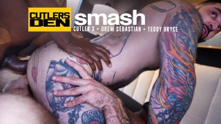 Interracial Hardcore Bareback DP threesome in with monster cock daddies Cutler, Drew and tatted power bottom Teddy Bryce
