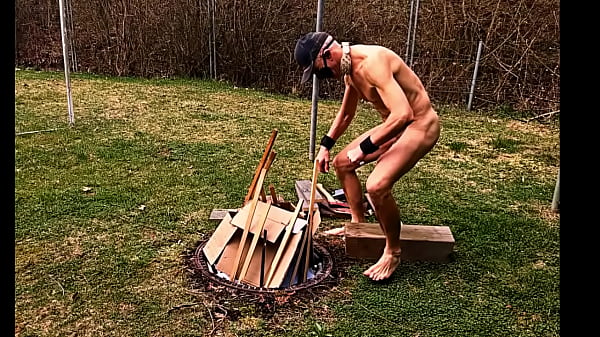 naked pathetic outdoor slave prepare the campfire, jerk off, dildo fuck
