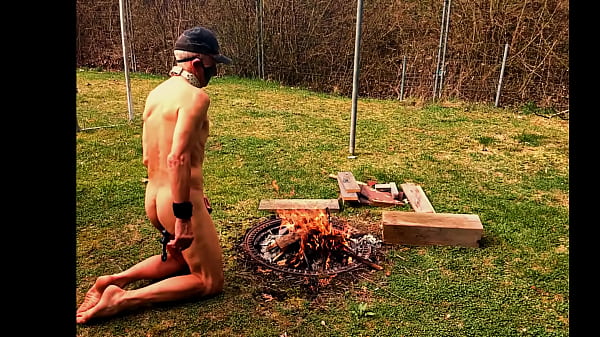 naked pathetic outdoor slave prepare the campfire, masturbate his uncut dick, dildo fuck, cmnm