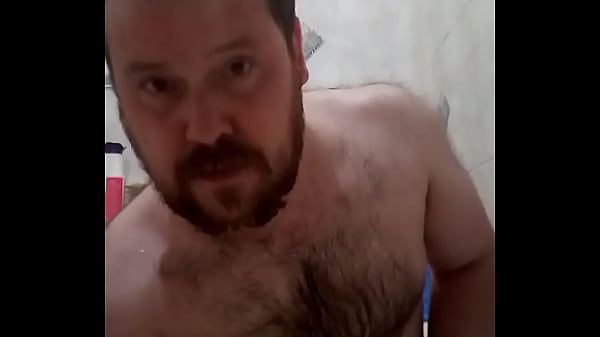 Russian bear put on a show in the bathroom: big dick and thick ass.