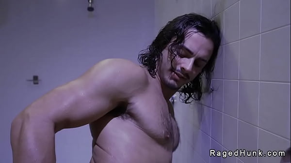 Threesome anal big cock gay sex in shower